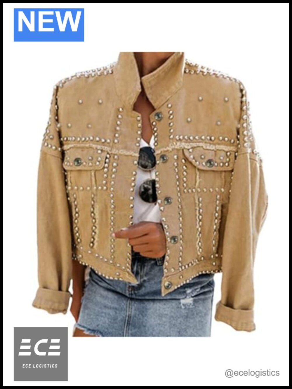 Studded Crop Denim Jacket Frayed Western Trucker Jean Coat Pearl Beading